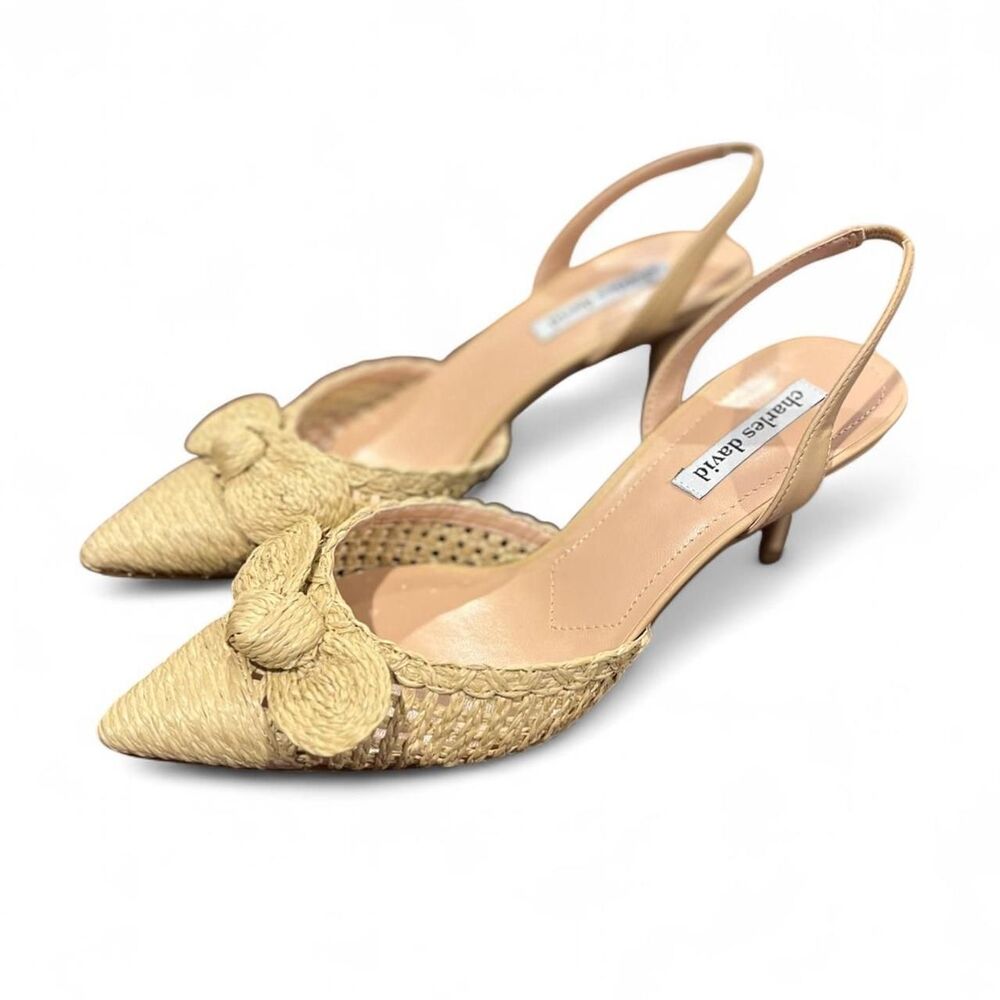Charles David Allyson Raffia Bow Slingback Kitten Heels Cream Beige Pointed 9.5